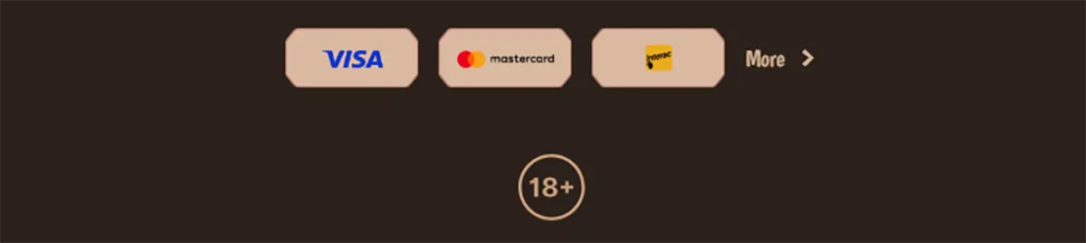 Casino payment options showing Visa, Mastercard and Paysafecard with an 18+ age restriction icon on a dark background