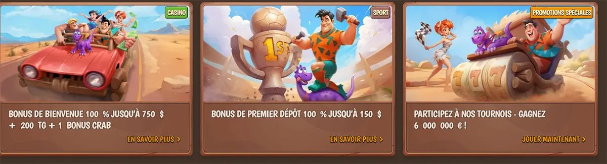 Stone Vegas Casino promotional cards in French featuring welcome bonus, first deposit sports bonus, and tournament offers with cartoon characters and “Play Now” and “Learn More” buttons