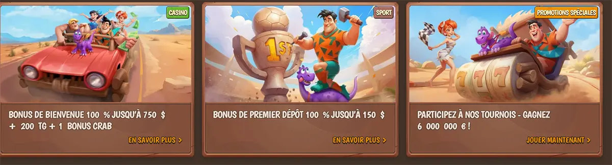 Stone Vegas Casino promotional cards in French featuring welcome bonus, first deposit sports bonus, and tournament offers with cartoon characters and “Play Now” and “Learn More” buttons