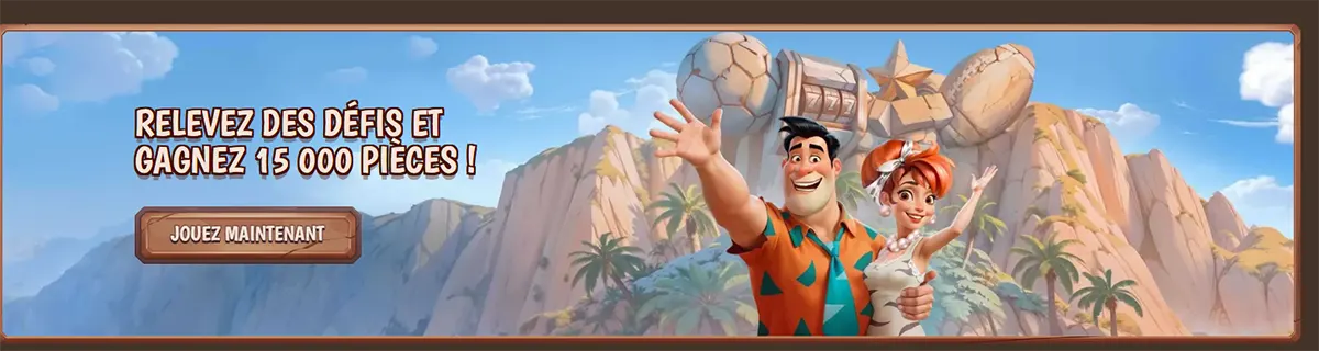 Stone Vegas Casino promotional banner with cartoon characters inviting players to take on challenges and win 15,000 coins, featuring a “Play Now” button in French