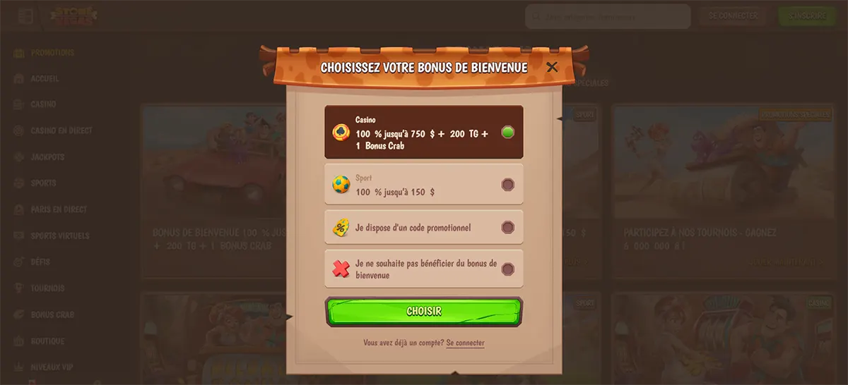 Stone Vegas Casino welcome bonus selection popup in French showing casino and sports bonus options with deposit offers and a “Choose” button